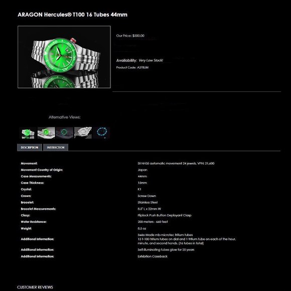 NEW! ARAGON Colored TRITIUM Hercules 44mm Lime Green Dial 20ATM Automatic Watch - Picture 9 of 12